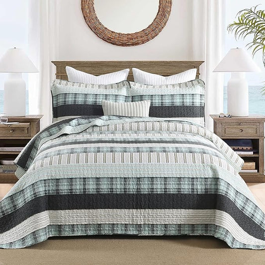 Homzard King Comforter，Cotton King Size Quilt，Teal Black Beige Bedding Set，Plaid Striped Bedspread，Lightweight Reversible Coverlet All Season 3 Pieces