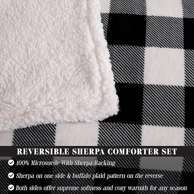 Elegant Comfort 3-Piece Buffalo Lodge-Plaid Comforter Set, Luxurious, Heavyweight, All Season, Down Alternative-Micromink Sherpa-Backing Reversible Micro-Suede, Soft and Plush, Full, Black/White
