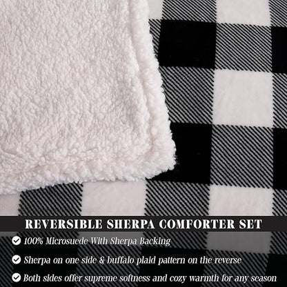 Elegant Comfort 3-Piece Buffalo Lodge-Plaid Comforter Set, Luxurious, Heavyweight, All Season, Down Alternative-Micromink Sherpa-Backing Reversible Micro-Suede, Soft and Plush, Queen, Black/White