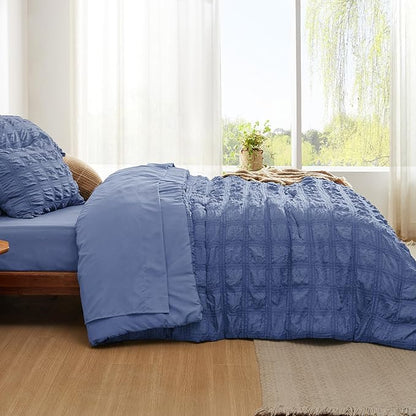Bedsure Bed in a Bag Queen - 7 Pieces Plaid Seersucker Bedding Comforter Sets, Soft Lightweight Mineral Blue Boho Bed Set with Comforters Queen Size, Sheets, Pillowcases & Shams
