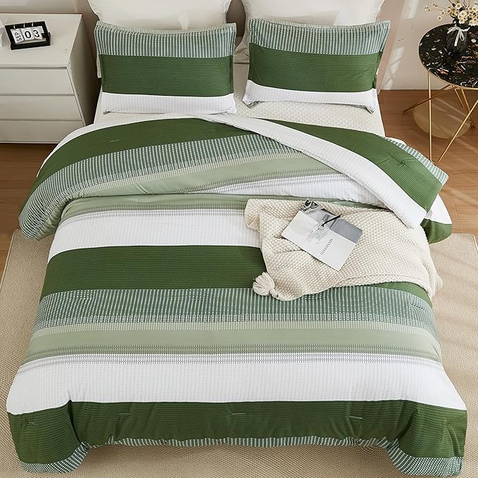 Litanika Olive Green Comforter Set Queen - 3 Pieces Lightweight Olive Green White Colorblock Stripe Fluffy Bedding Comforter Sets, All Season Bed Set
