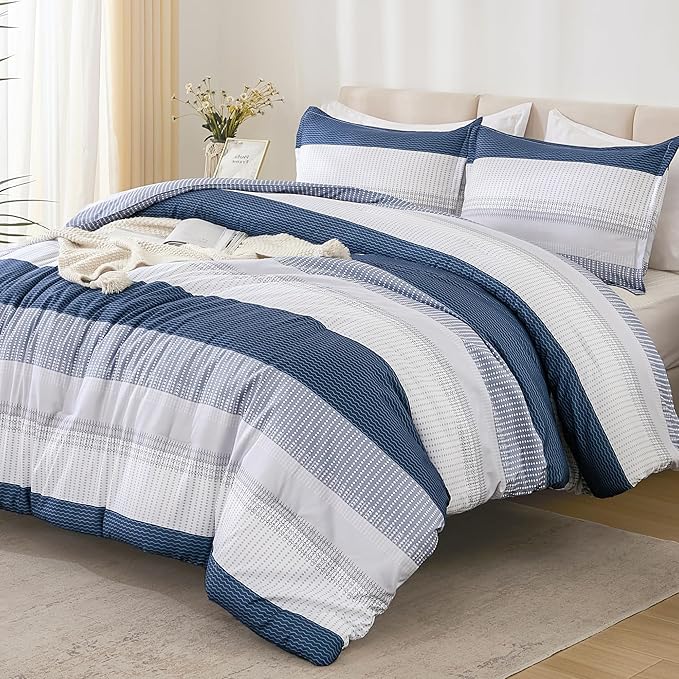 Litanika Mineral Blue Comforter Set Super King Plus - 3 Pieces Lightweight Mineral Blue White Colorblock Stripe Fluffy Bedding Comforter Sets, All Season Bed Set