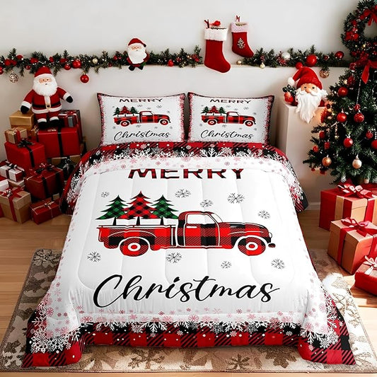 Christmas Truck Pine Tree Comforter Set Twin Size for Kids Girls Boys,Merry Christmas Bedding Set White Black Red Snowflake Patchwork Plaid Quilt Set Geometric Grid Duvet Insert,1 Pillowcase