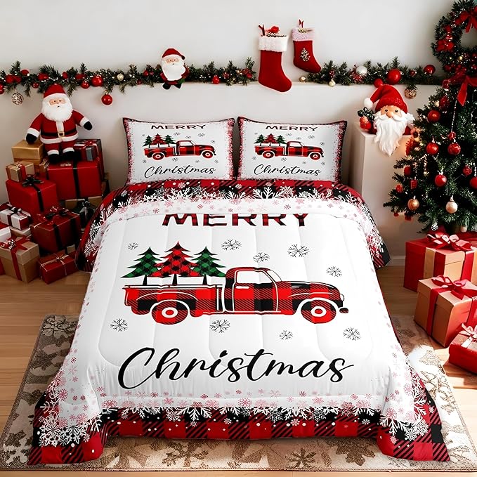 Christmas Truck Pine Tree Comforter Set Queen Size for Kids Girls Boys,Merry Christmas Bedding Set White Black Red Snowflake Patchwork Plaid Quilt Set Geometric Grid Duvet Insert,2 Pillowcases