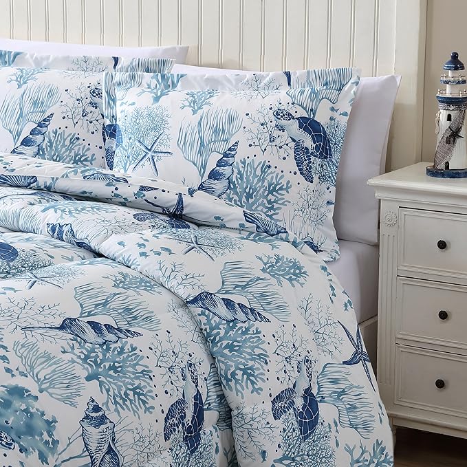 Caribbean Joe Full/Queen 3-Piece Comforter Set, Tropical Coastal Beach Design Bedding, Nautical Turtles