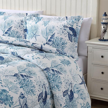 Caribbean Joe Full/Queen 3-Piece Comforter Set, Tropical Coastal Beach Design Bedding, Nautical Turtles