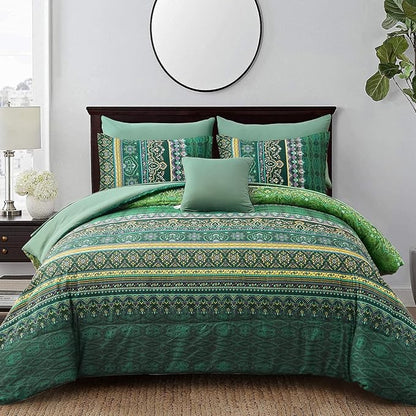 Boho Green Comforter Set King Size,8 Piece Bed in a Bag Bohemian Striped Bedding Quilt Set,Dark Green Paisley Floral Comforter and Sheet Set,Soft Microfiber Complete Bedding Sets for All Season