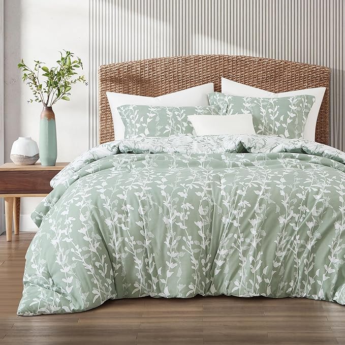Sage Green Comforter Set, Twin Size, Vivid Leaves Branch 2 Pieces Bedding Set, Soft Polyester Microfiber Print, All Seasons, 1 Lightweight Comforter and 1 Pillow Sham