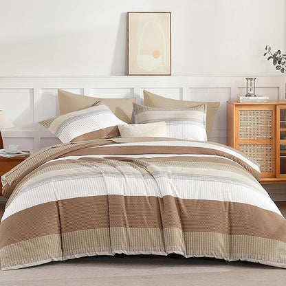 Andency Full Size Comforter Set Taupe - 7 Pieces Striped Lightweight Bed in a Bag, Soft Microfiber Reversible Bedding Set with Comforter, Fitted & Flat Sheet, Pillowcases & Shams