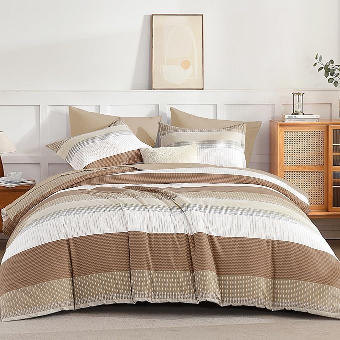 Andency King Size Comforter Set Taupe - 7 Pieces Striped Lightweight Bed in a Bag, Soft Microfiber Reversible Bedding Set with Comforter, Fitted & Flat Sheet, Pillowcases & Shams