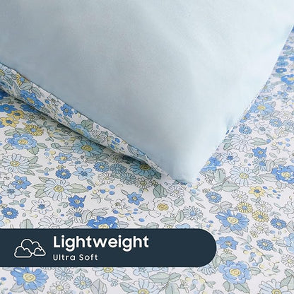 Wake In Cloud - Floral Comforter Set with Sheets, Cute Vintage Flower Cottagecore Aesthetic for Women Teen Girls, 7 Pieces Bed in a Bag, Light Blue, Full Size