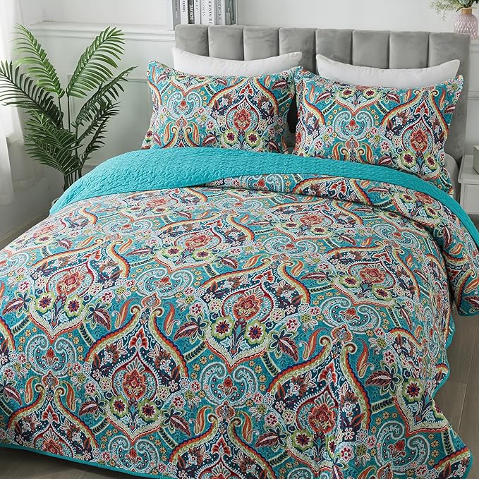 BEDIFANY Cotton Queen Quilt Set - Lightweight Queen Size Quilts Bedding Set for a Comfortable Sleep - Reversible Bedspread Coverlet (90 * 98 in) with Boho Pattern, 3 Pieces