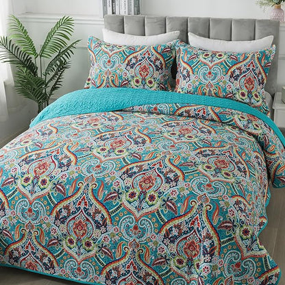 BEDIFANY Cotton Queen Quilt Set - Lightweight Queen Size Quilts Bedding Set for a Comfortable Sleep - Reversible Bedspread Coverlet (90 * 98 in) with Boho Pattern, 3 Pieces