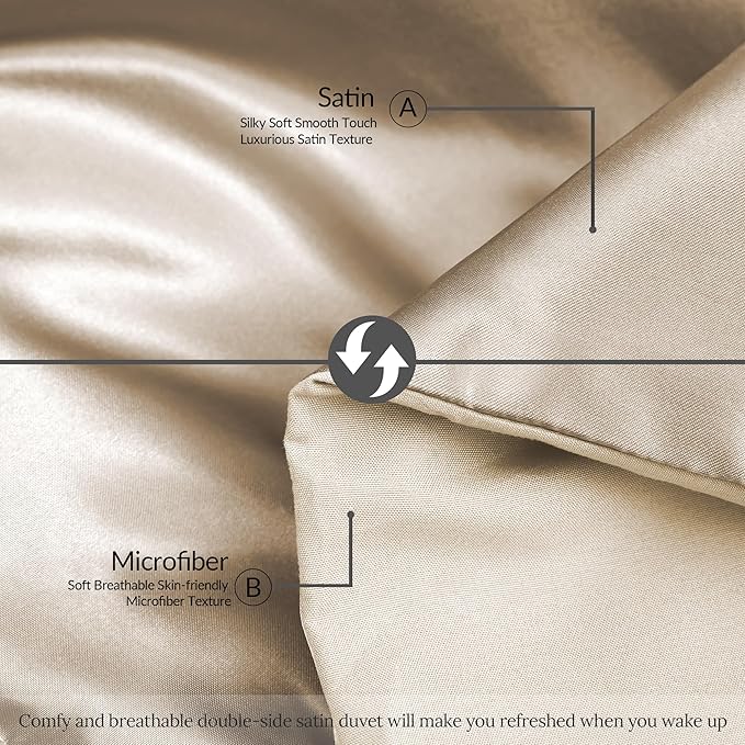 Whale Flotilla 3-Piece Reversible Silky Soft King Size Comforter Bedding Set, Luxurious Satin Comforters Oversized with 2 Satin Pillowcases, Lightweight Duvet for All Seasons, Champagne