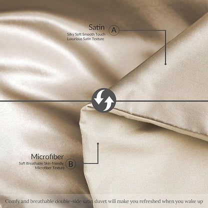 Whale Flotilla 2-Piece Reversible Silky Soft Twin Size Comforter Bedding Set, Luxurious Satin Comforters with Satin Pillowcase, Lightweight Duvet for All Seasons, Champagne