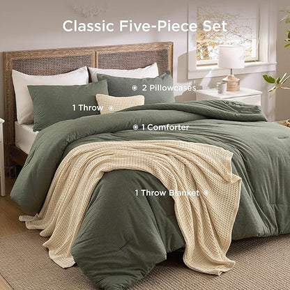 Bedsure 5 PCS Cotton Comforter Set with Waffle Throw Blanket - Breathable Bedding Set for All Seasons, Olive Green Comforter Full Size, Pillow Shams, Beige 100% Cotton Blanket, Throw Pillow