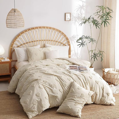 Tufted Comforter Set Full Size Beige Heart Boho Tufted Textured Bedding Set 3 Pieces Shabby Chic Embroidery Bed Set Soft Jacquard Comforter for All Season with 2 Pillowcases