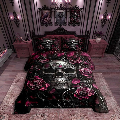 Erosebridal Gothic Skull Bedding Set for Adluts Kids Teens Goth Toddler Comforter Vintage Victorian Romantic Hot Pink Rose Floral Quilt Spooky Grunge Skeleton Boho Horror Bedding,Gothic Decor