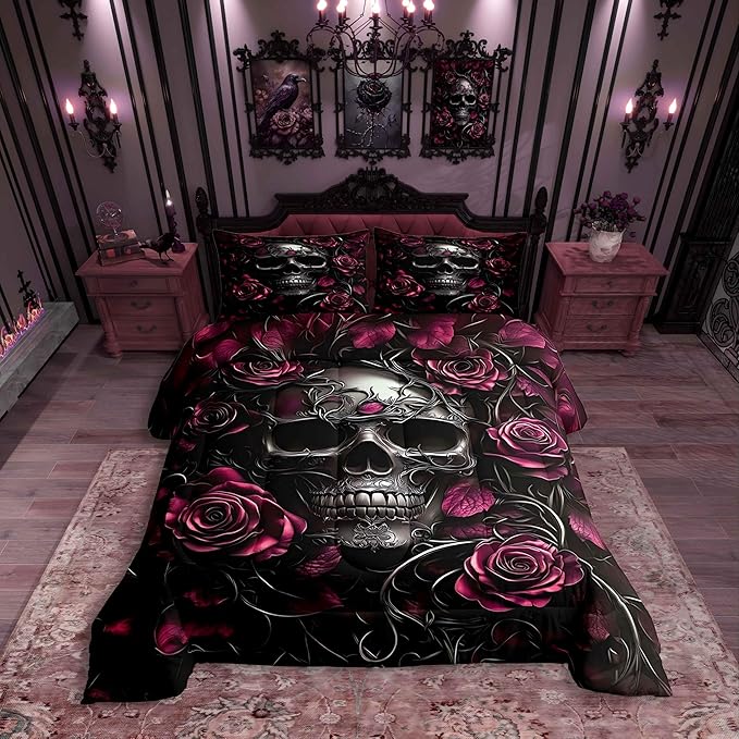 Erosebridal Gothic Skull Bedding Set for Adluts Kids Teens Goth King Size Comforter Set Vintage Victorian Romantic Hot Pink Rose Floral Quilt Spooky Grunge Skeleton Boho Horror Bedding,Gothic Decor