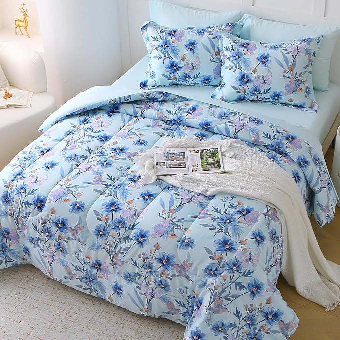 Floral King Comforter Set with Sheets, 7 Piece Luxury Vintage Bedding, Soft Microfiber Bed in a Bag, Cozy Lightweight Bed Set, Blue Flower Leaf Botanical