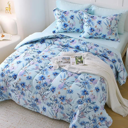 Floral Queen Comforter Set with Sheets, 7 Piece Luxury Vintage Bedding, Soft Microfiber Bed in a Bag, Cozy Lightweight Bed Set, Blue Flower Leaf Botanical