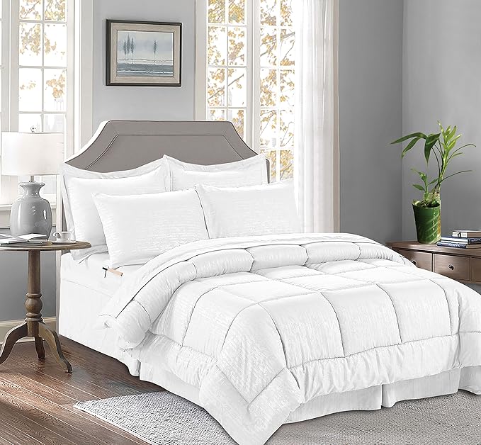 Luxury Best, Softest, Coziest 8-Piece Bed-in-a-Bag Comforter Set - Elegant Comfort - Silky Soft Bamboo Pattern Complete Set Includes Bed Sheet Set with Double Sided Storage Pockets, Full/Queen, White