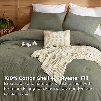 Bedsure 5 PCS Cotton Comforter Set with Cotton Waffle Throw Blanket - Olive Green Comforter Full Size, Pillow Shams, Beige Cooling Blanket of Rayon Derived from Bamboo for Hot Sleepers, Throw Pillow