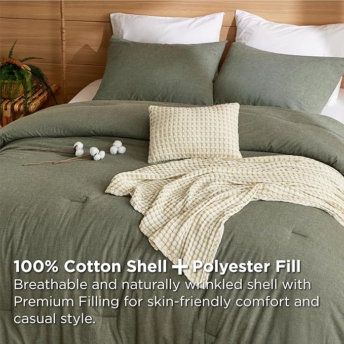 Bedsure 5 Pieces Cotton Comforter Set with Cotton Waffle Throw Blanket - Olive Green Queen Comforter, Pillow Shams, Beige Cooling Blanket of Rayon Derived from Bamboo for Hot Sleepers, Throw Pillow