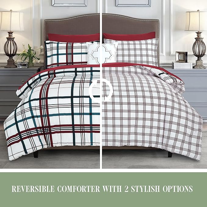 Elegant Comfort 8-Piece Lodge Plaid Reversible Comforter Set - All Season Bed in a Bag, 4-Piece Sheet Set Featuring Smart Pockets, Matching Shams and Decorative Pillow, Full/Queen, Burgundy