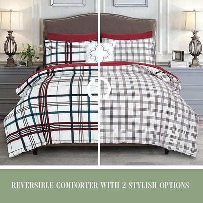 Elegant Comfort 8-Piece Lodge Plaid Reversible Comforter Set - All Season Bed in a Bag, 4-Piece Sheet Set Featuring Smart Pockets, Matching Shams and Decorative Pillow, King/California King, Burgundy