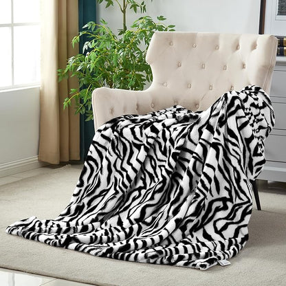 JONIYEAR Fuzzy Zebra Print Faux Rabbit Fur Blanket Twin Size 60" x 70",Double Sided Soft Thick Warm Shaagy Fluffy Blankets for Winter, Oversized Cozy Plush Animal Blanket for Women, White and Black