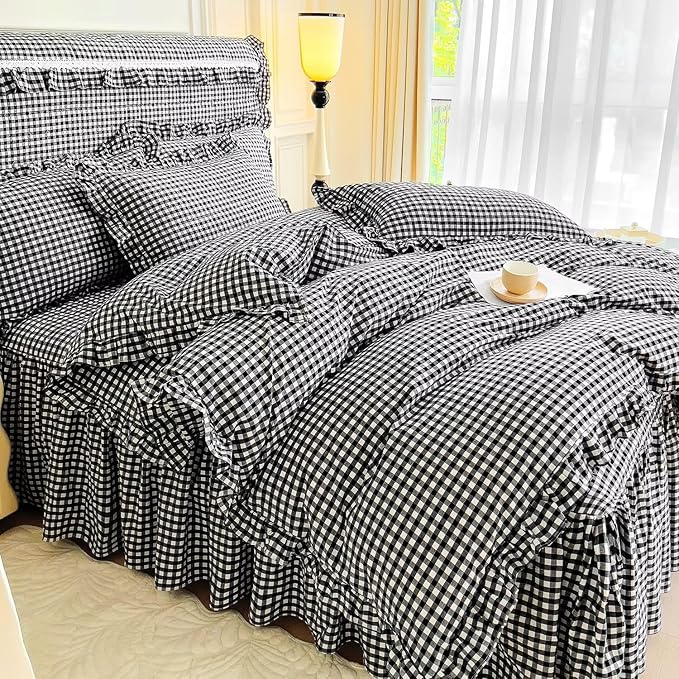 mixinni Vintage Black Gingham Ruffle Comforter Set 3-Piece Washed Cotton Queen Size Grid Bedding Set with Geometric Checkered Pattern, Farmhouse Chic Soft Fluffy Comforter for All-Season
