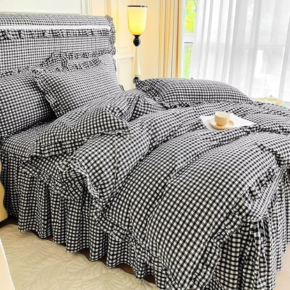 mixinni Vintage Black Gingham Ruffle Comforter Set 3-Piece Washed Cotton Full Size Grid Bedding Set with Geometric Checkered Pattern, Farmhouse Chic Soft Fluffy Comforter for All-Season