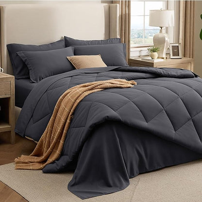 Bedsure 7 Pieces Full Comforter Set Premium Series, Hotel Luxury Soft Bed in a Bag, Goose Down Alternative, Safe for Sensitive Skin Bedding Comforter All Season Medium Warmth, Dark Grey Full Size