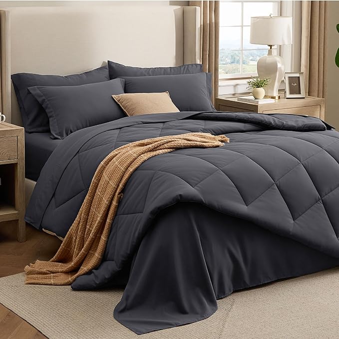 Bedsure 5 Pieces Twin Comforter Set Premium Series, Hotel Luxury Soft Bed in a Bag, Goose Down Alternative, Safe for Sensitive Skin Bedding Comforter All Season Medium Warmth, Dark Grey Twin Size