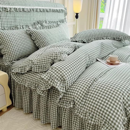 mixinni Vintage Green Gingham Ruffle Comforter Set 3-Piece Washed Cotton Twin XL Size Grid Bedding Set with Geometric Checkered Pattern, Farmhouse Chic Soft Fluffy Comforter for All-Season