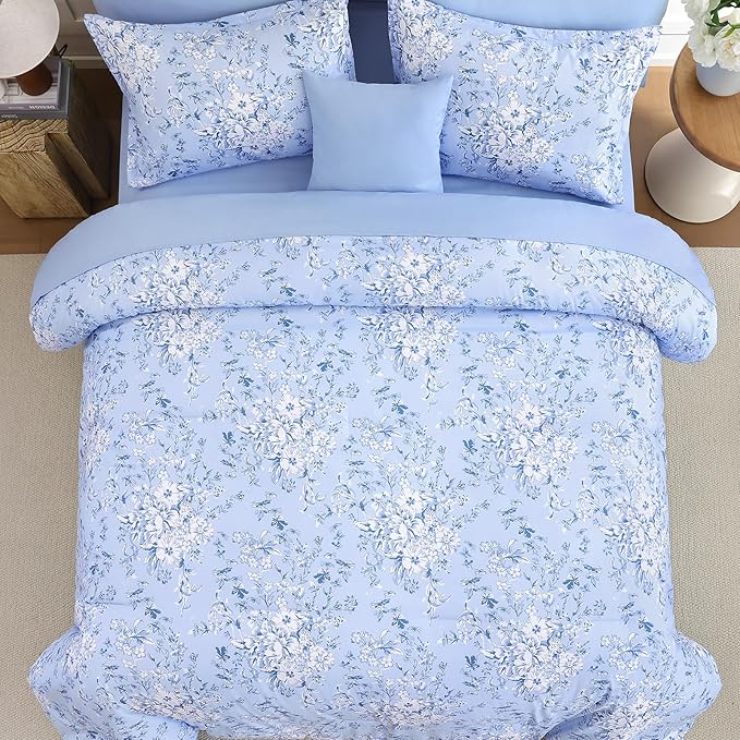 WONGS BEDDING King Size Comforter Set, 8 Pieces Blue Floral Bed in a Bag Comforter Sets, Botanical Print Soft Fluffy Microfiber Complete Bedding Sets for All Season (90"x104")