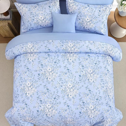 WONGS BEDDING King Size Comforter Set, 8 Pieces Blue Floral Bed in a Bag Comforter Sets, Botanical Print Soft Fluffy Microfiber Complete Bedding Sets for All Season (90"x104")