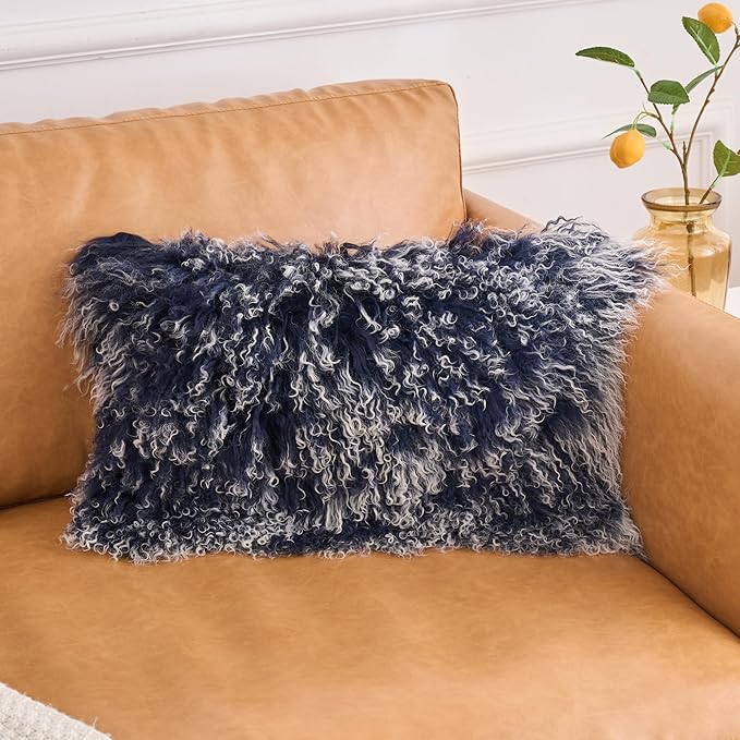 Genuine Mongolian Lamb Fur Pillow Cover – 12"x20" Rectangular Cushion Case – Soft Curly Wool Decorative Accent for Sofa, Bed, or Chair (Frosted Blue)