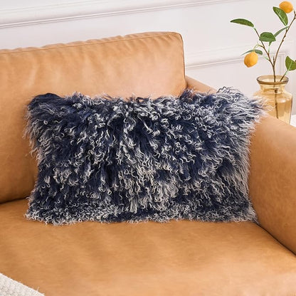Genuine Mongolian Lamb Fur Pillow Cover – 12"x20" Rectangular Cushion Case – Soft Curly Wool Decorative Accent for Sofa, Bed, or Chair (Frosted Blue)