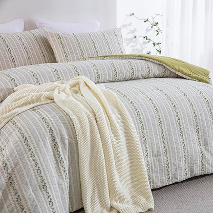 100% Cotton Jacquard Comforter Set, Striped Floral Print, Soft Lightweight Reversible 3 Piece Bedding Sets for All Season, Queen(90"x90")