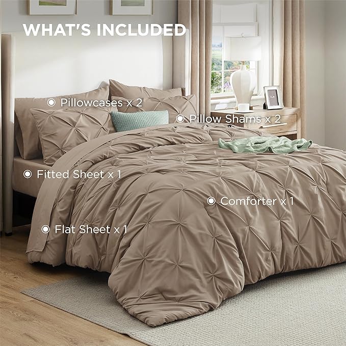 Bedsure Full Size Comforter Sets - Bedding Sets Full 7 Pieces, Pintuck Bed in a Bag Khaki Bed Set with Comforter, Sheets, Pillowcases & Shams