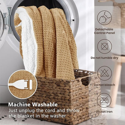 Heated Blanket Electric Blanket King Waffle, 90x100 Inches Dual Controllers Sherpa Fleece Fast Heating Blanket 6 Heating Levels & 10 Hours Auto Off ETL Certification, Caramel King