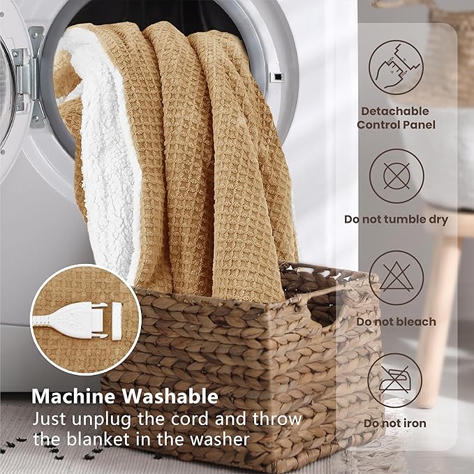 Heated Blanket Electric Blanket Queen Waffle, 84x90 Inches Dual Controllers Sherpa Fleece Fast Heating Blanket 6 Heating Levels & 10 Hours Auto Off ETL Certification, Caramel Queen