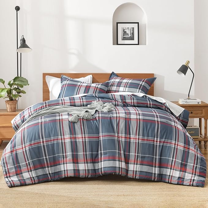 Andency Navy Red Plaid Comforter Set Queen(90x90Inch), 3 Pieces Grid Gingham Stripes Bedding Comforter Sets for Boys Girls Kids Teens, Preppy Geometric Line Soft Lightweight Reversible Bed Set as Gift
