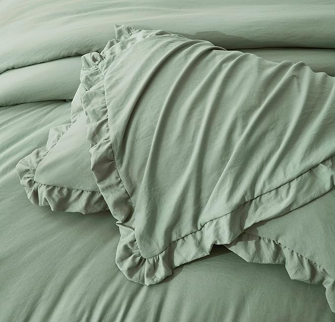 Chezmoi Collection Nora Sage Green Comforter Set Queen Size 3-Piece Lightweight Fluffy Soft Stone-Washed Ruffled Shabby Chic Bedding for All Season