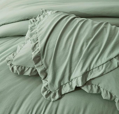 Chezmoi Collection Nora Sage Green Comforter Set Queen Size 3-Piece Lightweight Fluffy Soft Stone-Washed Ruffled Shabby Chic Bedding for All Season