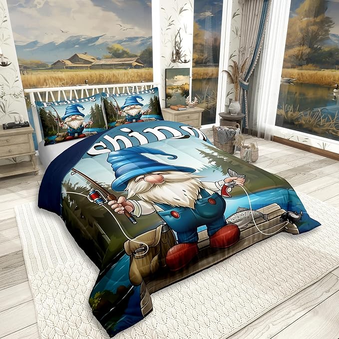 Erosebridal Fishing Gnome King Comforter Set,Fisherman and Fish Bedding Sets for Kids Boys Men,Fishing Lake House Quilt Bed Set,Rustic Country Gnomes Bedroom Decor,2 Pillowcases Breathable