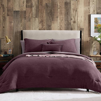 Geniospin Purple Full Comforter Set - 7 Pieces Eggplant Comforter Full Size, Solid Bedding Set for All Season, Textured Bed in a Bag with Sheets