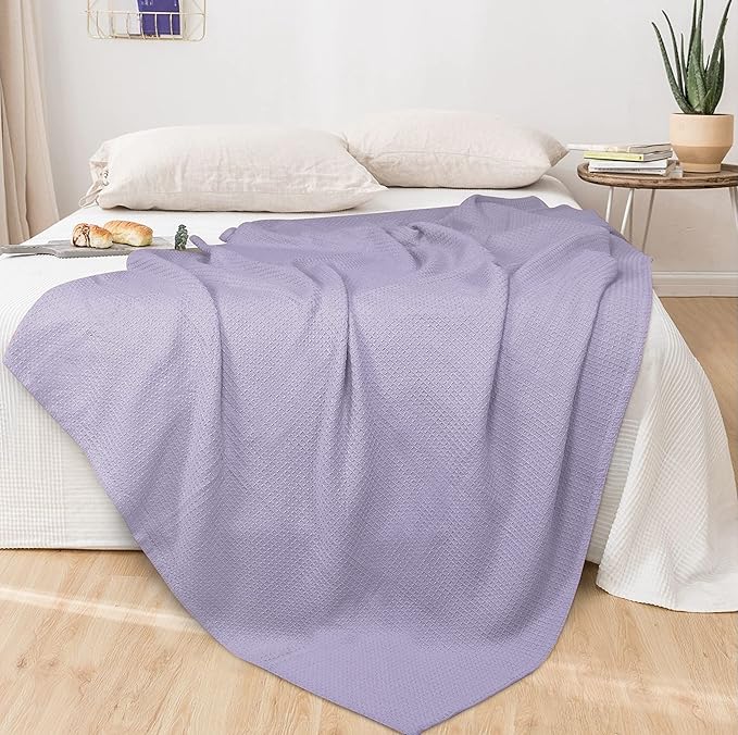 GLAMBURG 100% Cotton Thermal Blanket, Breathable Waffle Blanket, Queen Size, All Season, Purple